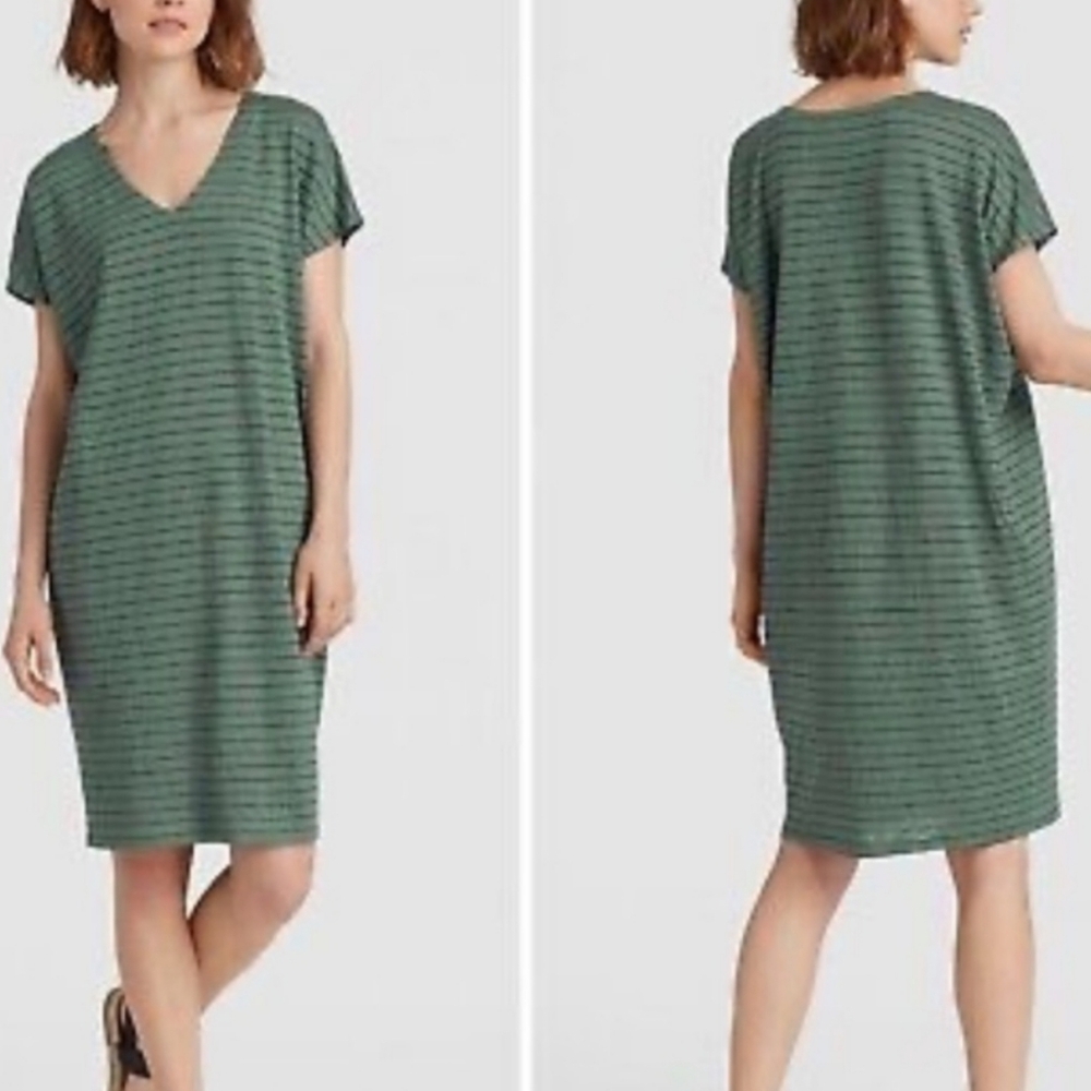 Eileen Fisher Linen Dress Size S Green/Blue Stripe